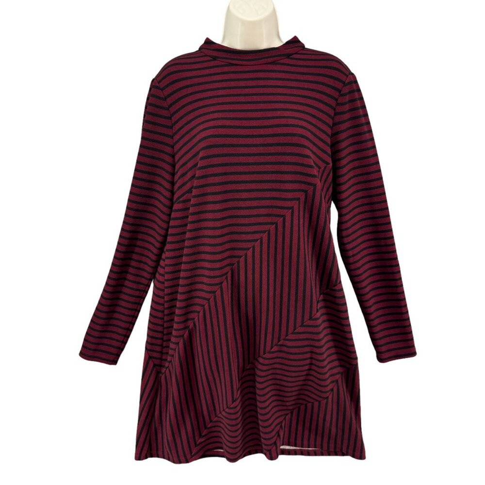 Hutch Anthropologie Knitwork Dress Burgundy Black Striped Long Sleeve Size L